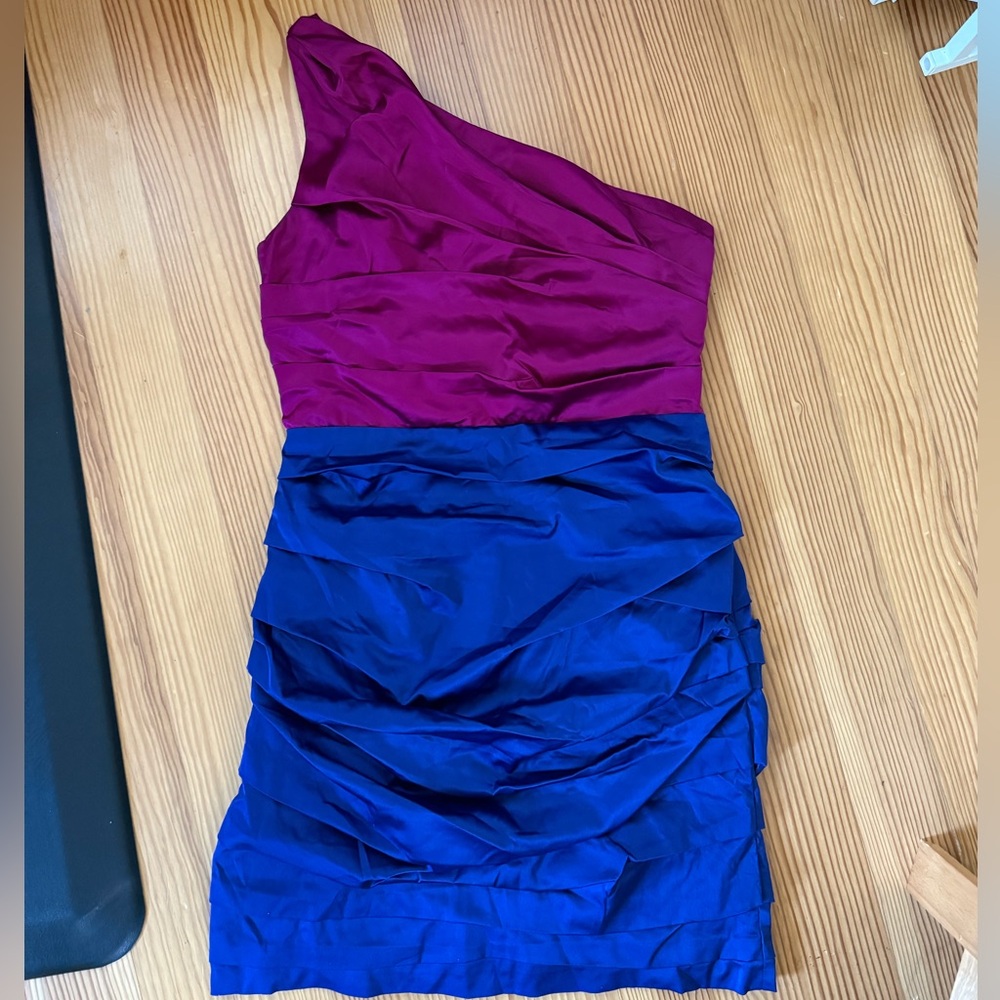 Express Ruched One Shoulder Mini Dress, Pink/ Blue, size 10